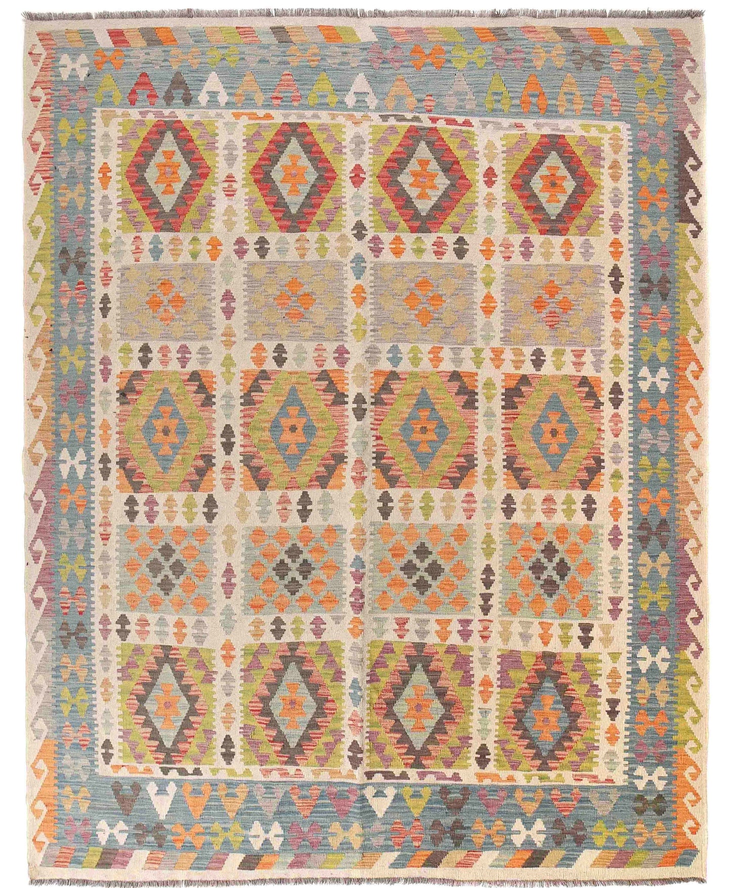 The Afghan Hand Woven Wool Khyber Kilim - 215 X 289. Crafted using traditional vegetable dyed wool, and featuring traditional geometric designs. Colours, greens, brown, cream, oranges, teals. Size 215 X 289. Cover.