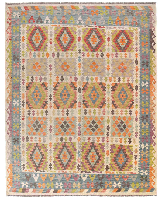 The Afghan Hand Woven Wool Khyber Kilim - 215 X 289. Crafted using traditional vegetable dyed wool, and featuring traditional geometric designs. Colours, greens, brown, cream, oranges, teals. Size 215 X 289. Cover.