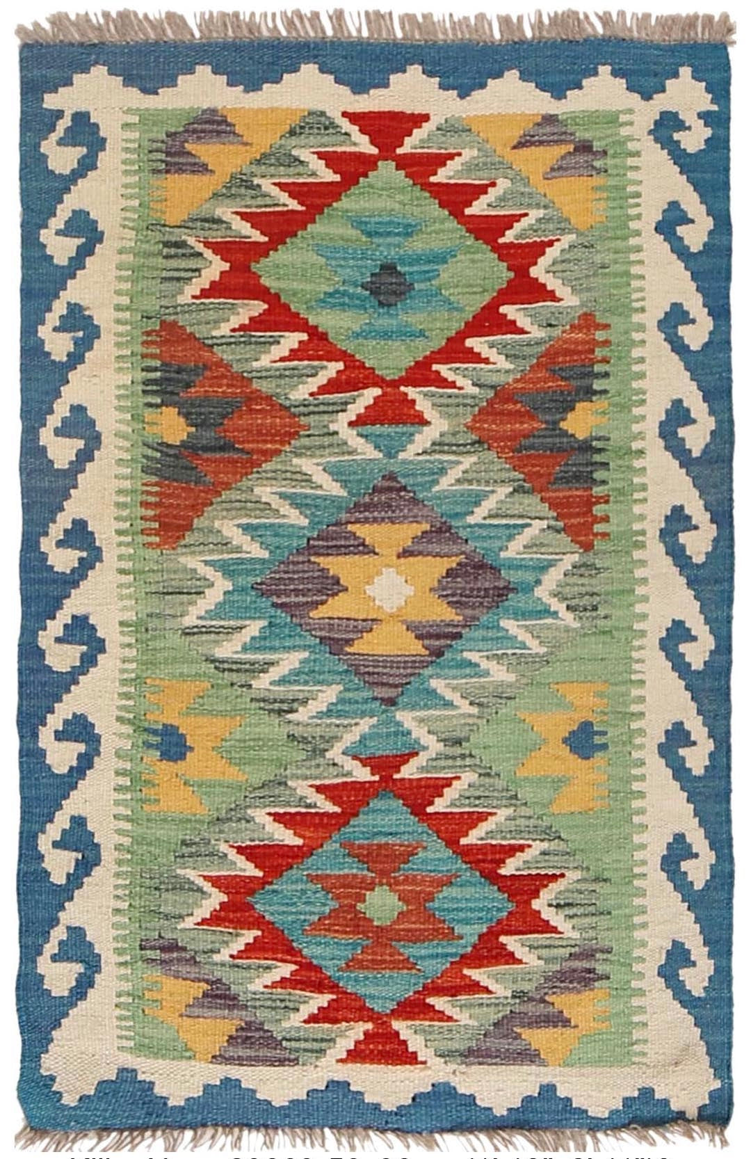  The Afghan Hand Woven Khyber Kilim - 56 X 90. Crafted using traditional vegetable dyed wool, and featuring traditional geometric designs. Colours, ocean blues, light greens, light blues, reds, beiges, creams, oranges and yellows. Size 56 X 90. Cover.
