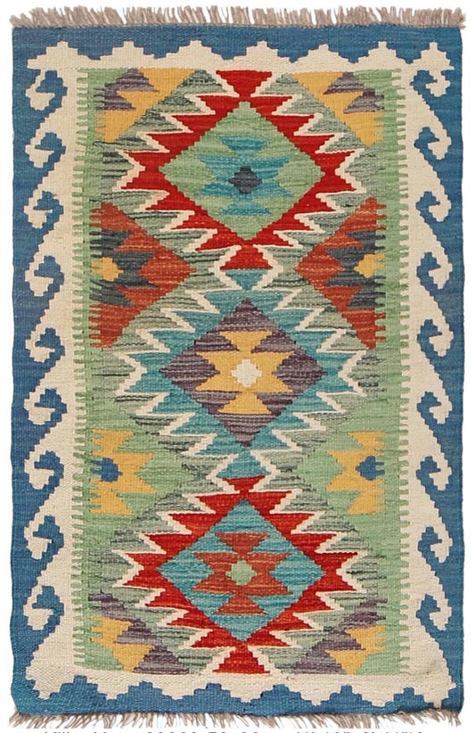  The Afghan Hand Woven Khyber Kilim - 56 X 90. Crafted using traditional vegetable dyed wool, and featuring traditional geometric designs. Colours, ocean blues, light greens, light blues, reds, beiges, creams, oranges and yellows. Size 56 X 90. Cover.