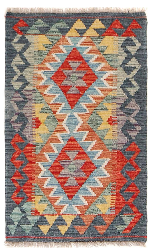  The Afghan Hand Woven Khyber Kilim - 57 X 91. Crafted using traditional vegetable dyed wool, and featuring traditional geometric designs. Colours, dark greys, beiges, blues, creams, light greens, light blues and yellows. Size 57 X 91. Cover.