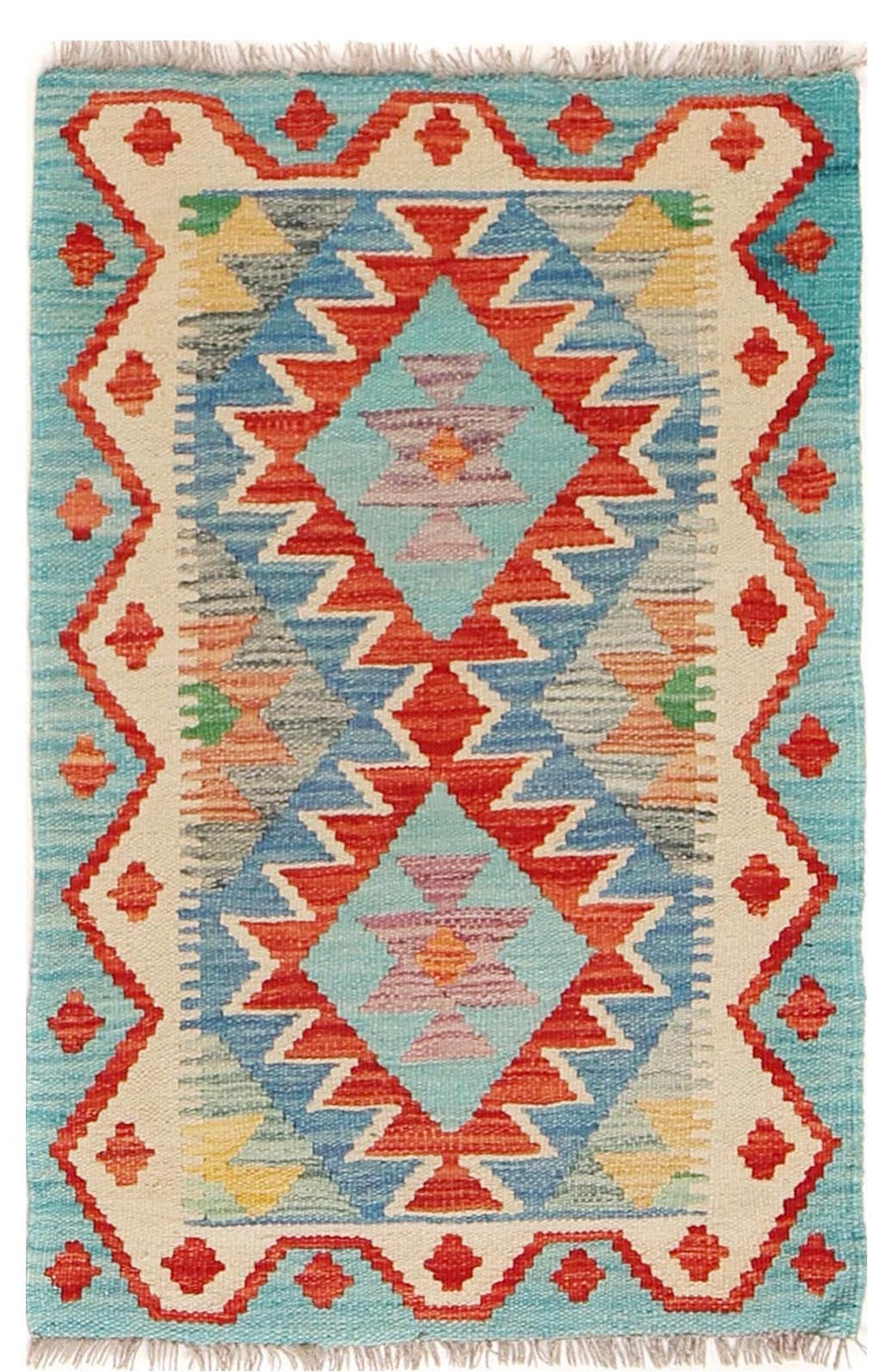  The Afghan Hand Woven Khyber Kilim - 58 X 88. Crafted using traditional vegetable dyed wool, and featuring traditional geometric designs. Colours, Dark oranges, creams, light greens, light blues yellows. Size 58 X 88. Cover.