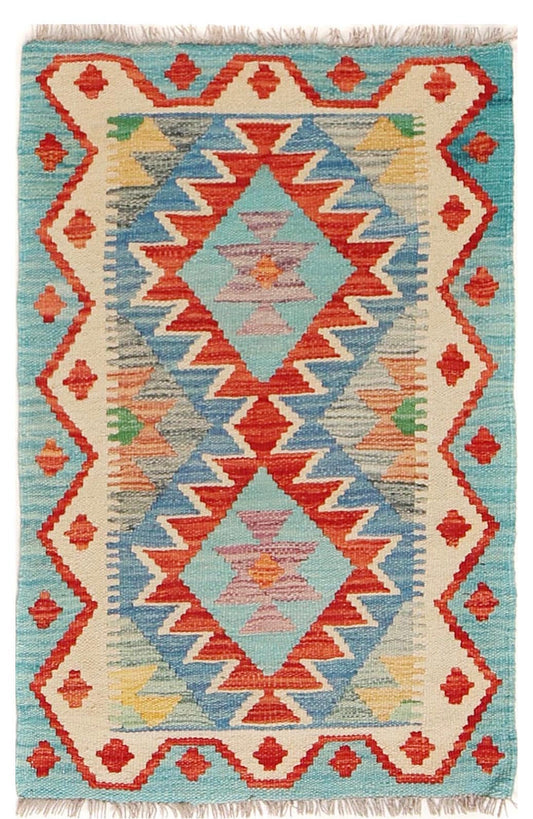  The Afghan Hand Woven Khyber Kilim - 58 X 88. Crafted using traditional vegetable dyed wool, and featuring traditional geometric designs. Colours, Dark oranges, creams, light greens, light blues yellows. Size 58 X 88. Cover.