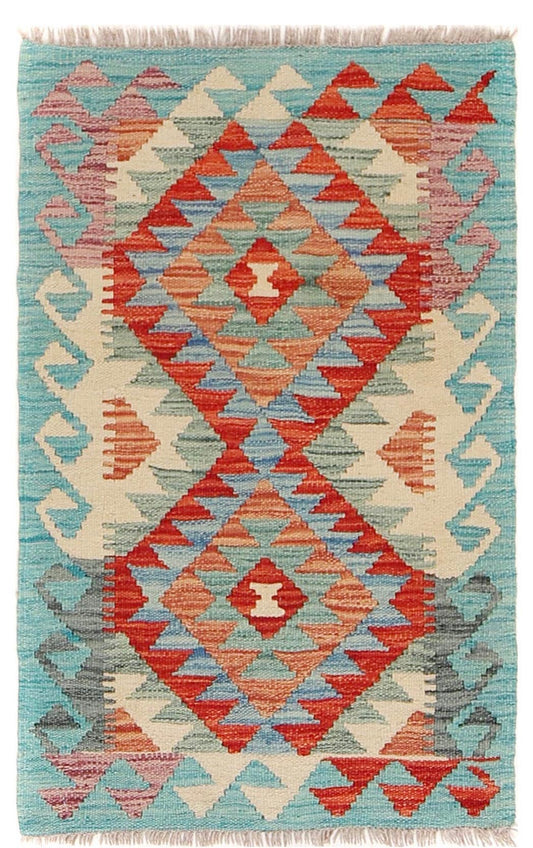 The Afghan Hand Woven Khyber Kilim - 59 X 88. Crafted using traditional vegetable dyed wool, and featuring traditional geometric designs. Colours, oranges, creams, light greens, light blues. Size 59 X 88. Cover.