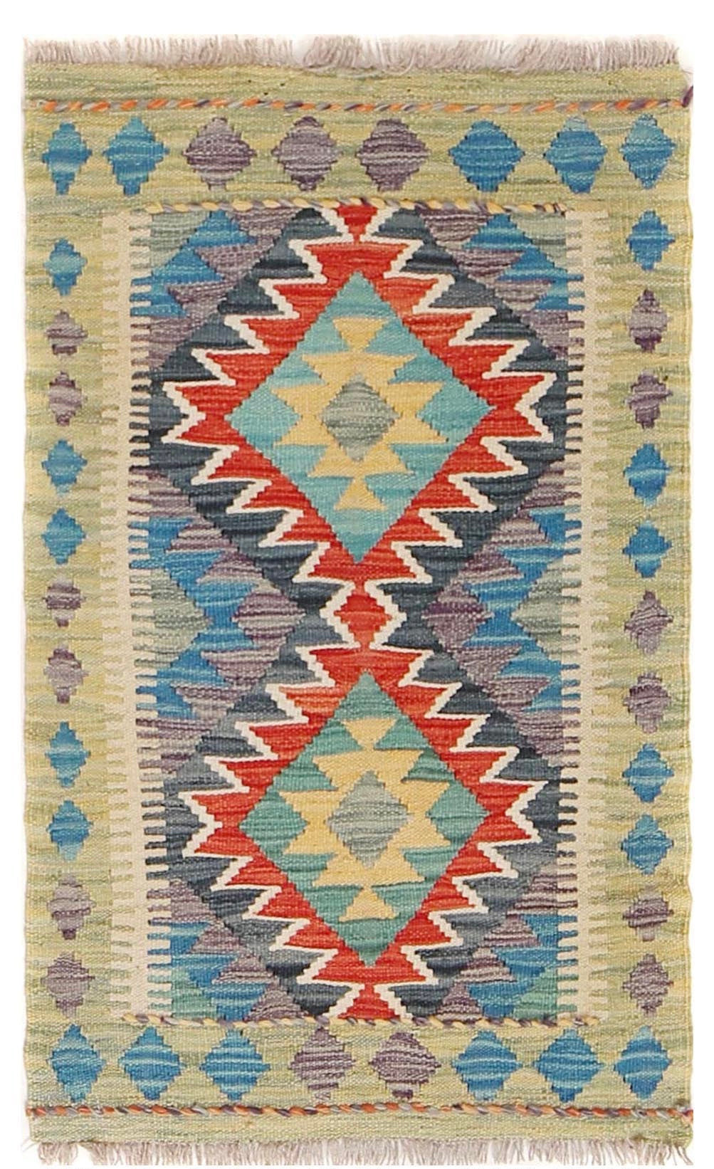  The Afghan Hand Woven Khyber Kilim - 59 X 90. Crafted using traditional vegetable dyed wool, and featuring traditional geometric designs. Colours, beiges, blues, creams, light greens, light blues and yellows. Size 59 X 90. Cover.