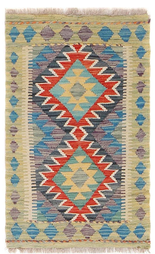  The Afghan Hand Woven Khyber Kilim - 59 X 90. Crafted using traditional vegetable dyed wool, and featuring traditional geometric designs. Colours, beiges, blues, creams, light greens, light blues and yellows. Size 59 X 90. Cover.