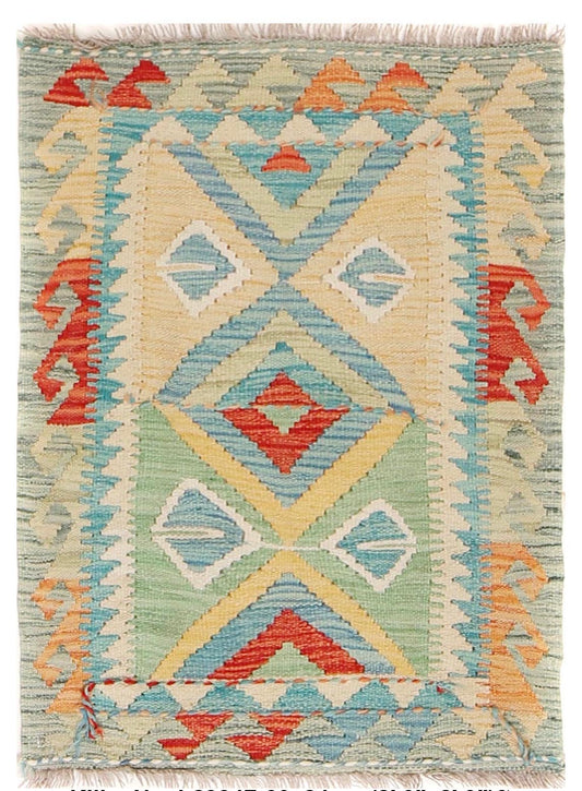  The Afghan Hand Woven Khyber Kilim - 60 X 84. Crafted using traditional vegetable dyed wool, and featuring traditional geometric designs. Colours, Dark oranges, creams, light greens, light blues yellows. Size 60 X 84. Cover.