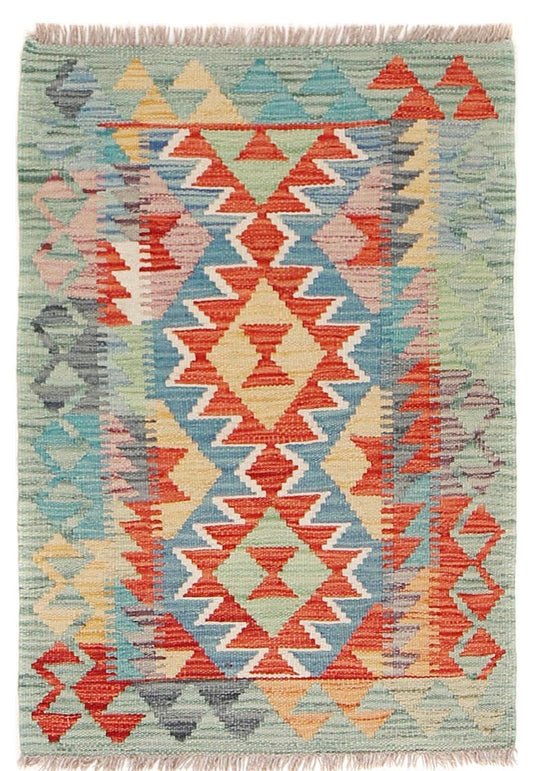  The Afghan Hand Woven Khyber Kilim - 60 X 85. Crafted using traditional vegetable dyed wool, and featuring traditional geometric designs. Colours, Dark oranges, creams, light greens, light blues yellows. Size 60 X 85. Cover.