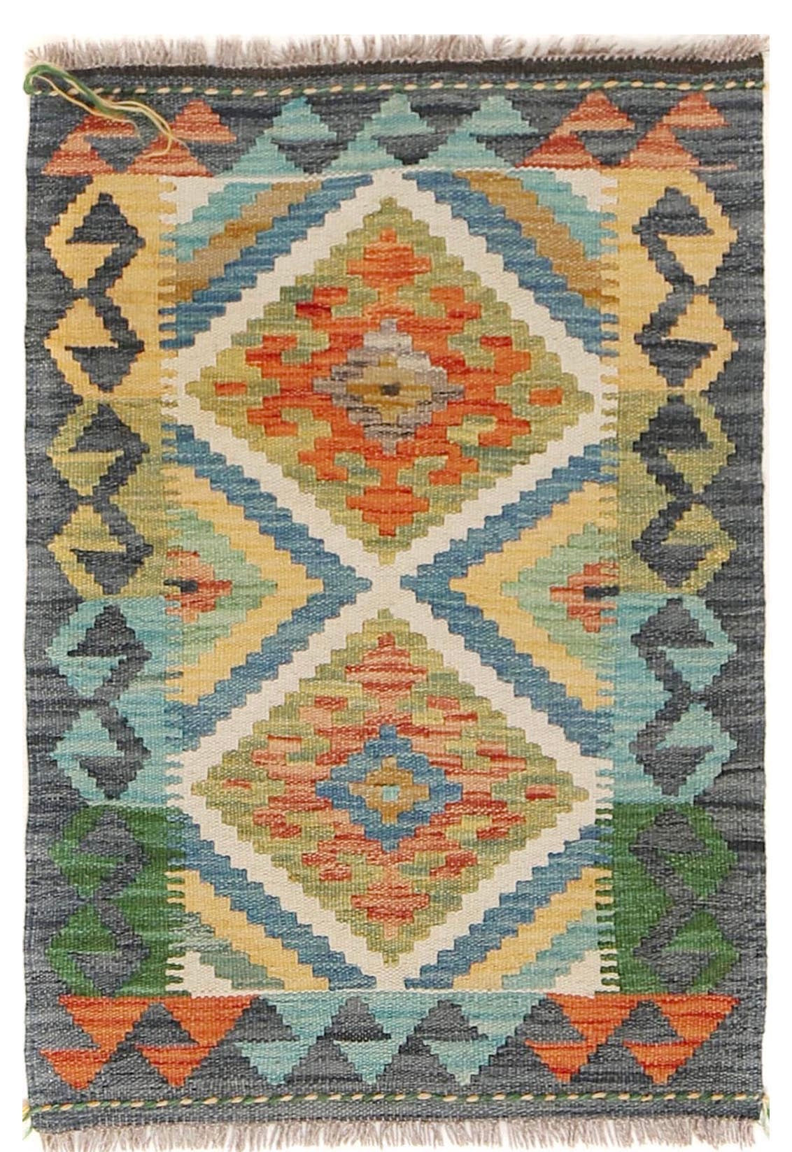  The Afghan Hand Woven Khyber Kilim - 60 X 87. Crafted using traditional vegetable dyed wool, and featuring traditional geometric designs. Colours, dark greys, beiges, blues, creams, light greens, light blues and yellows. Size 60 X 87. Cover.