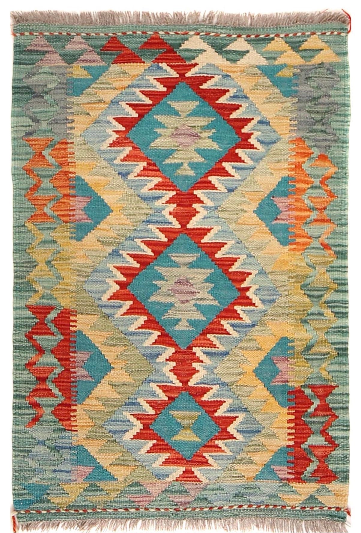 The Afghan Hand Woven Khyber Kilim - 60 X 91. Crafted using traditional vegetable dyed wool, and featuring traditional geometric designs. Colours, Greens, beiges, yellows, creams, oranges, light blues. Size 60 X 91. Cover.