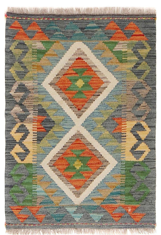  The Afghan Hand Woven Khyber Kilim - 61 X 86. Crafted using traditional vegetable dyed wool, and featuring traditional geometric designs. Colours, dark greys, beiges, blues, creams, light greens, light blues and yellows. Size 61 X 86. Cover.