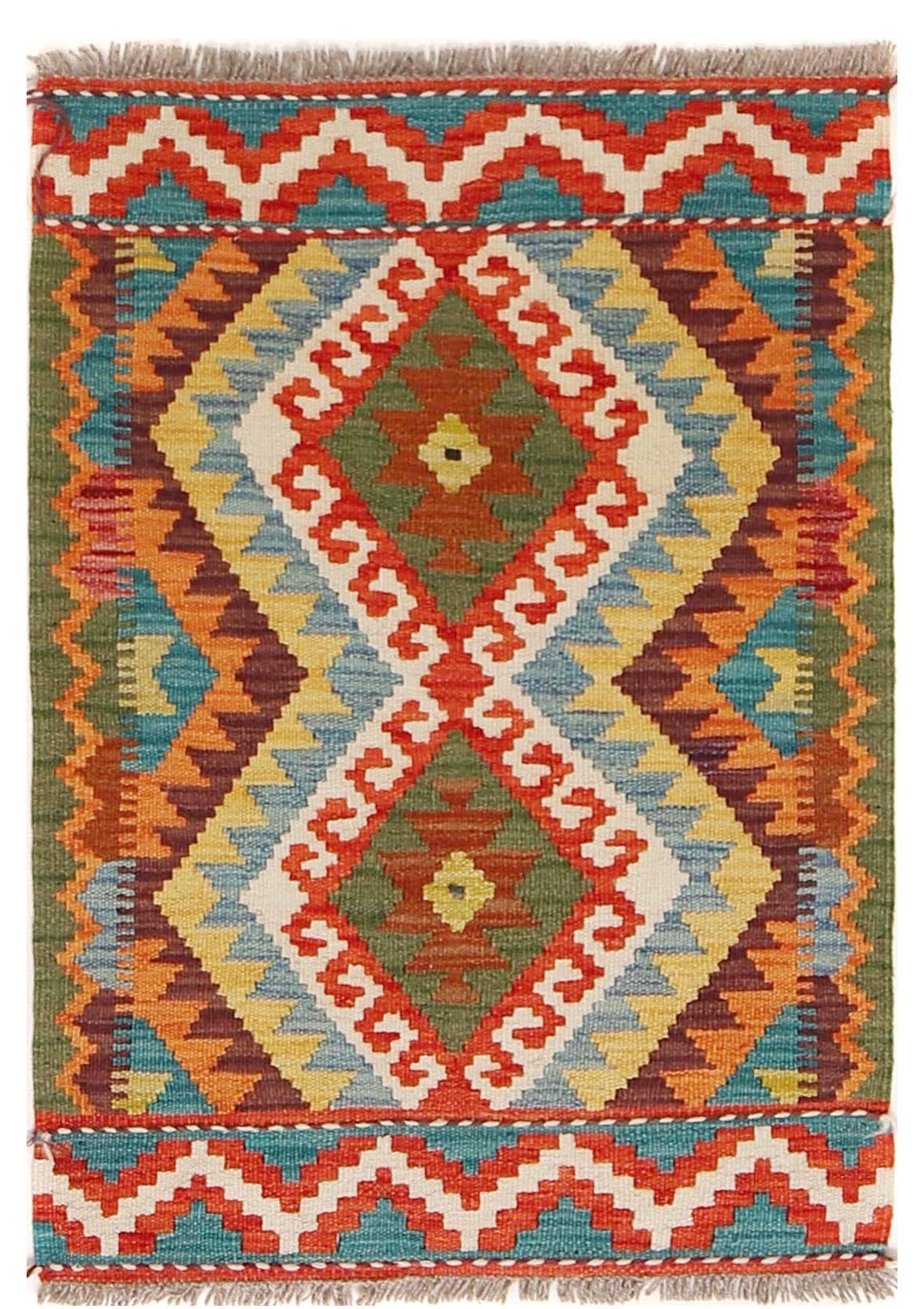  The Afghan Hand Woven Khyber Kilim - 62 X 87. Crafted using traditional vegetable dyed wool, and featuring traditional geometric designs. Colours, reds, beiges, creams, oranges, light greens, light blues and yellows. Size 62 X 87. Cover.