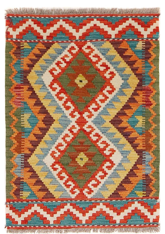  The Afghan Hand Woven Khyber Kilim - 62 X 87. Crafted using traditional vegetable dyed wool, and featuring traditional geometric designs. Colours, reds, beiges, creams, oranges, light greens, light blues and yellows. Size 62 X 87. Cover.
