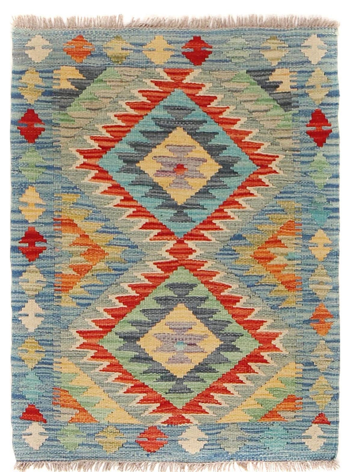 The Afghan Hand Woven Khyber Kilim - 64 X 86. Crafted using traditional vegetable dyed wool, and featuring traditional geometric designs. Colours, creams, light blues, reds and orange. Size 64 wide X 86 length. Cover.
