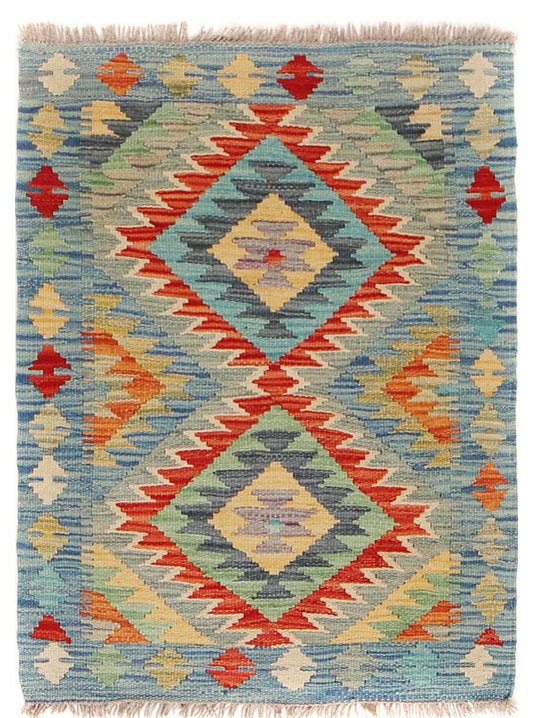 The Afghan Hand Woven Khyber Kilim - 64 X 86. Crafted using traditional vegetable dyed wool, and featuring traditional geometric designs. Colours, creams, light blues, reds and orange. Size 64 wide X 86 length. Cover.