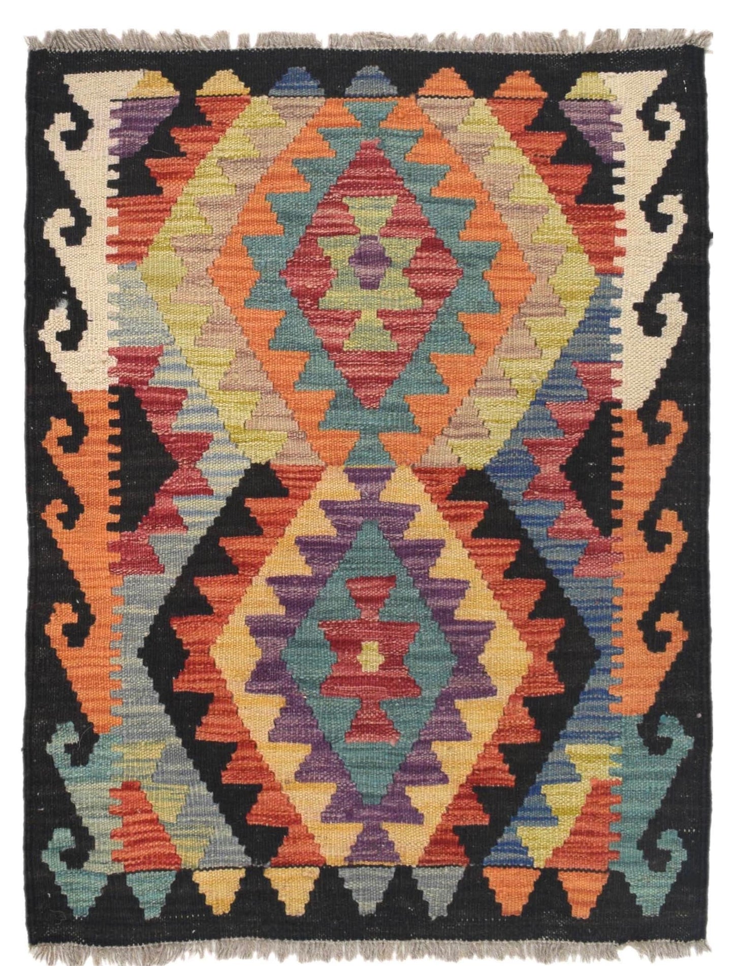  The Afghan Hand Woven Khyber Kilim - 65 X 87. Crafted using traditional vegetable dyed wool, and featuring traditional geometric designs. Colours, navy blue, reds, beiges, creams, oranges, light greens, light blues and yellows. Size 65 X 87. Cover.