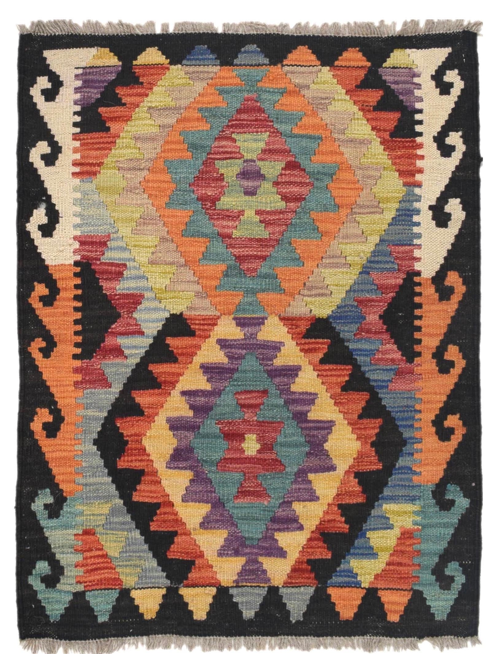  The Afghan Hand Woven Khyber Kilim - 65 X 87. Crafted using traditional vegetable dyed wool, and featuring traditional geometric designs. Colours, navy blue, reds, beiges, creams, oranges, light greens, light blues and yellows. Size 65 X 87. Cover.