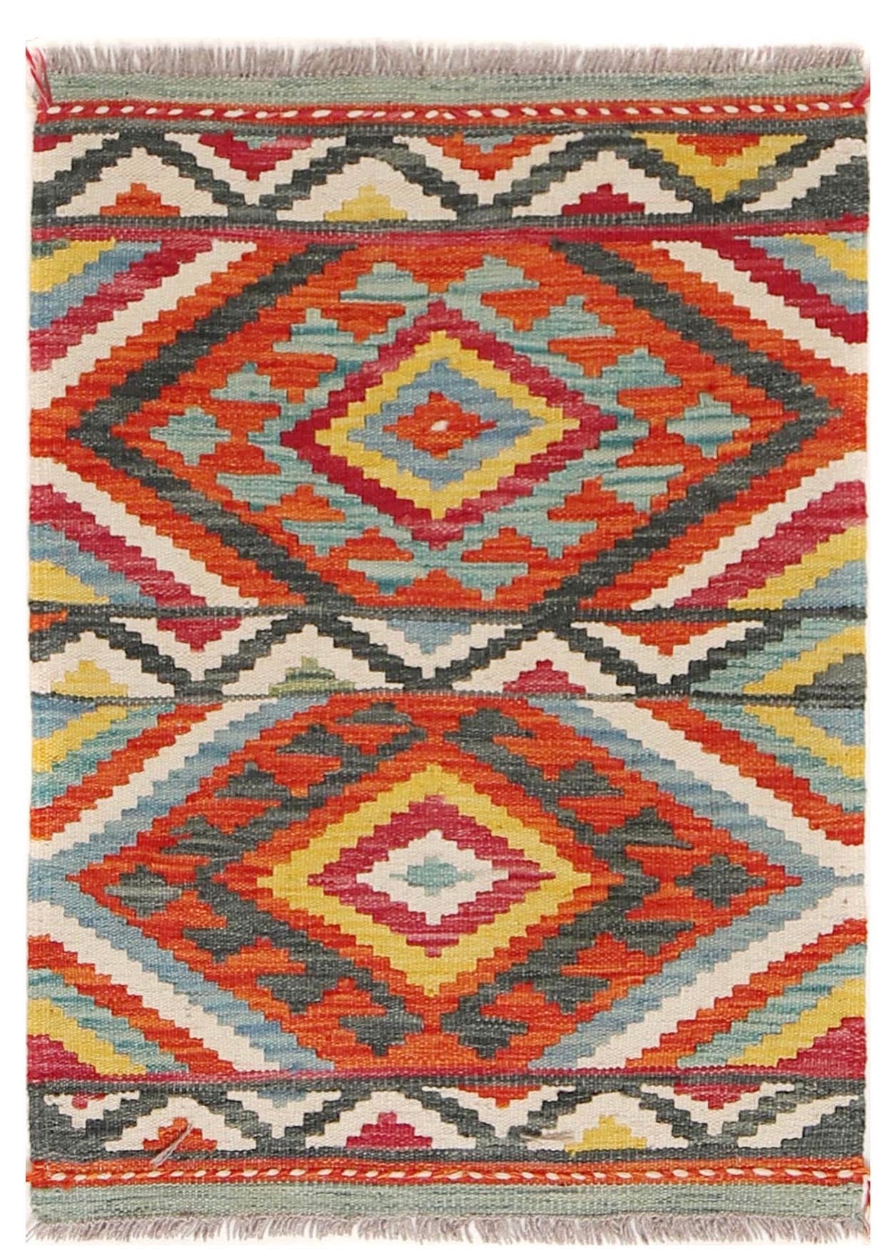  The Afghan Hand Woven Khyber Kilim - 65 X 90. Crafted using traditional vegetable dyed wool, and featuring traditional geometric designs. Colours, reds, beiges, creams, light greens, light blues and yellows. Size 65 X 90. Cover.