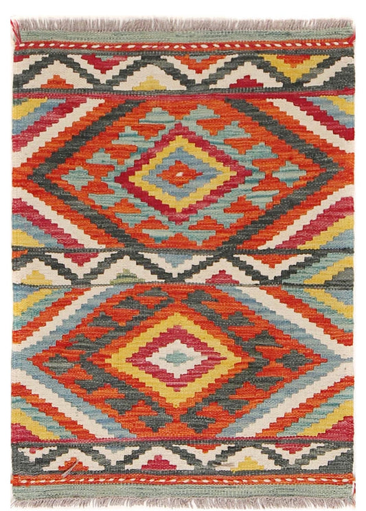  The Afghan Hand Woven Khyber Kilim - 65 X 90. Crafted using traditional vegetable dyed wool, and featuring traditional geometric designs. Colours, reds, beiges, creams, light greens, light blues and yellows. Size 65 X 90. Cover.