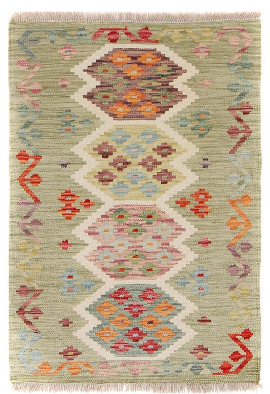 The Afghan Hand Woven Khyber Kilim - 67 X 94. Crafted using traditional vegetable dyed wool, and featuring traditional geometric designs. Colours, light greens, creams, light blues, reds and orange. Size 67 X 94. Cover.