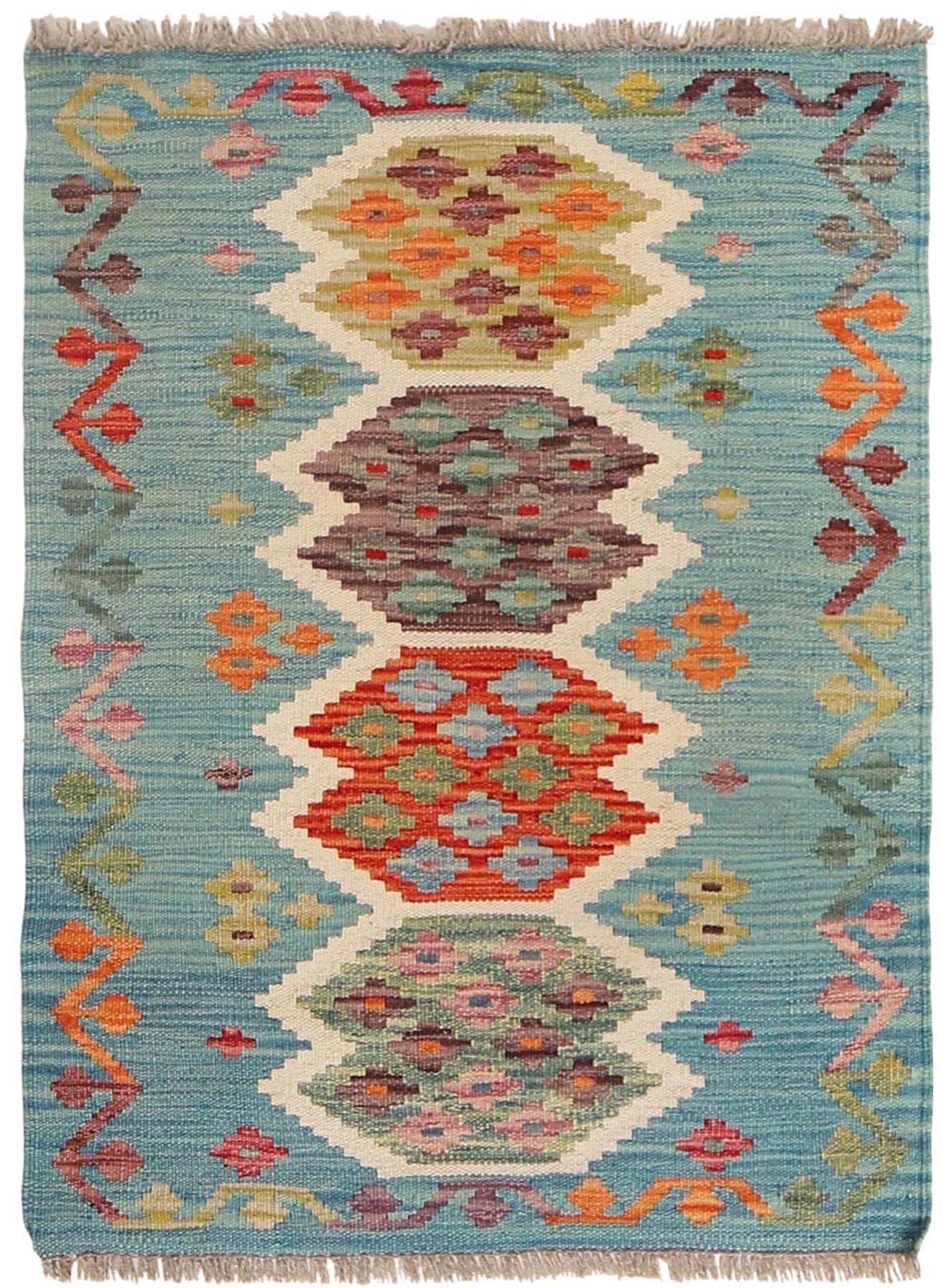  The Afghan Hand Woven Khyber Kilim - 68 X 92. Crafted using traditional vegetable dyed wool, and featuring traditional geometric designs. Colours, teal green, light blues, reds, beiges, creams, oranges and yellows. Size 68 X 92. Cover.