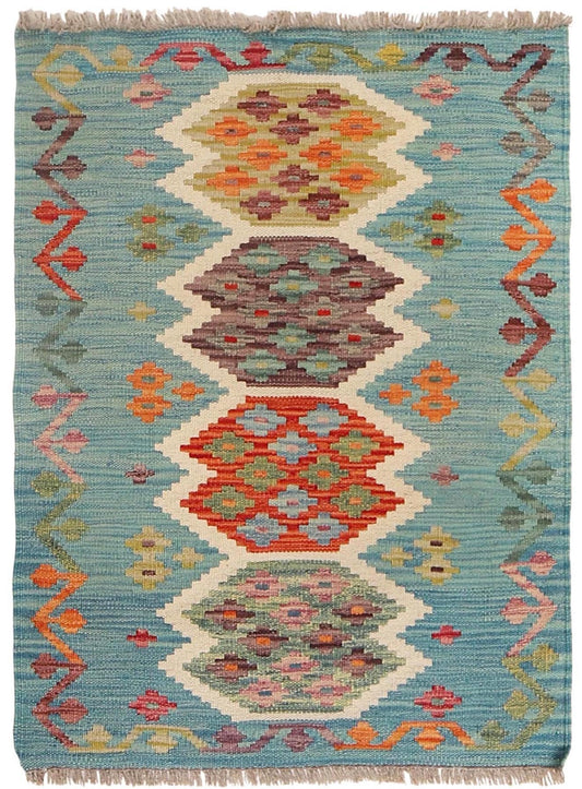  The Afghan Hand Woven Khyber Kilim - 68 X 92. Crafted using traditional vegetable dyed wool, and featuring traditional geometric designs. Colours, teal green, light blues, reds, beiges, creams, oranges and yellows. Size 68 X 92. Cover.