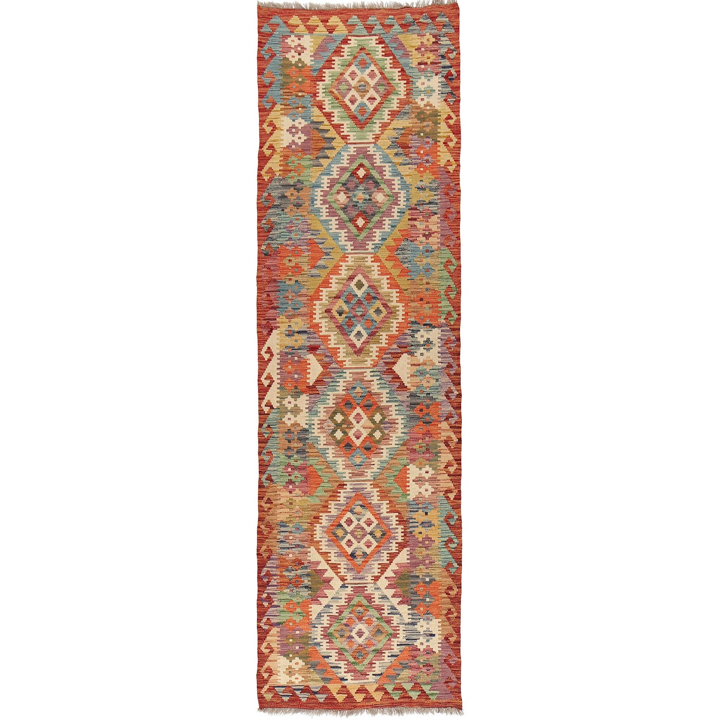 The Afghan Hand Woven Khyber Kilim Runner - 80 X 287. Crafted using traditional vegetable dyed wool, and featuring traditional geometric designs.  Colours, Oranges, reds, yellow, teals and creams. Measures 80 wide X 287 long.