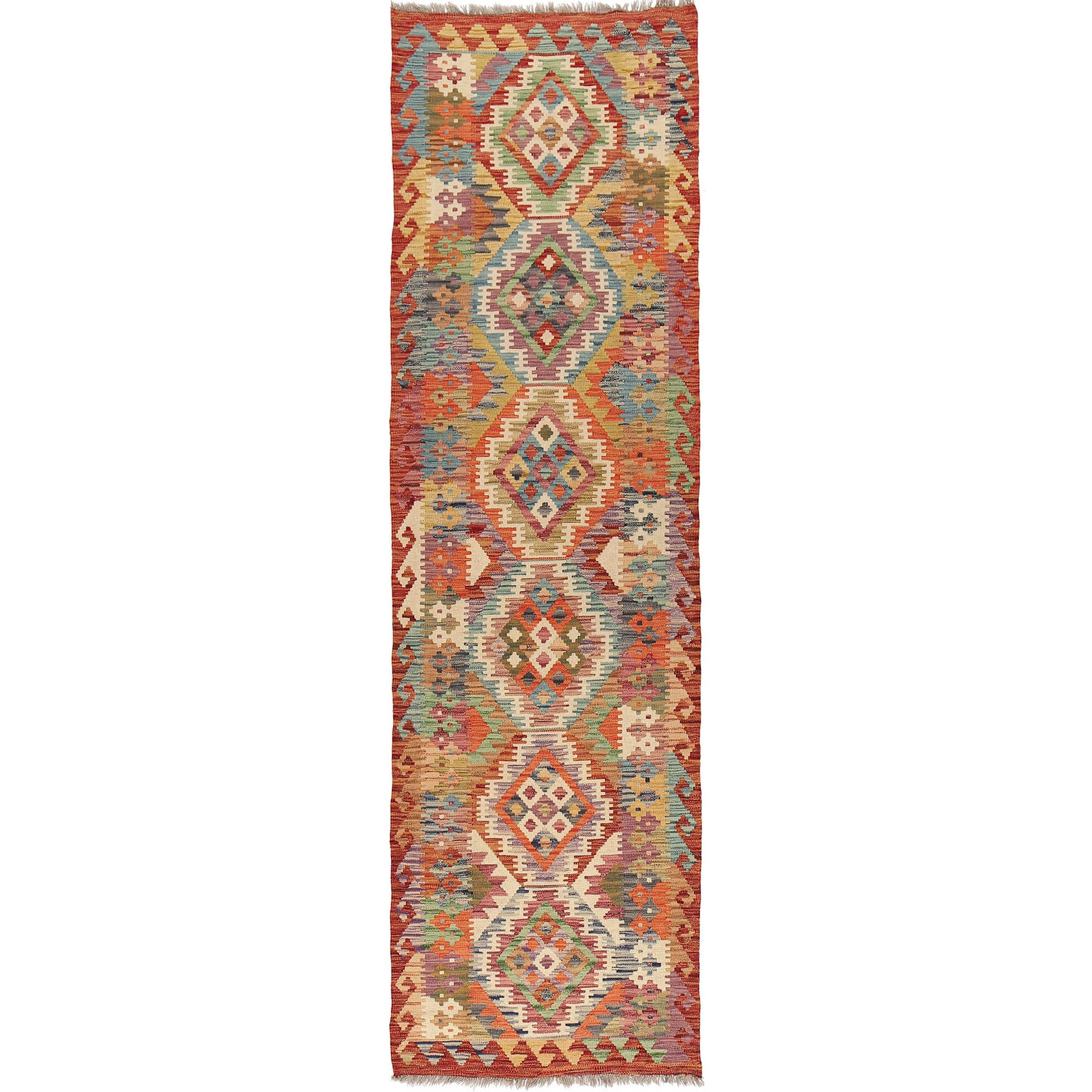 The Afghan Hand Woven Khyber Kilim Runner - 80 X 287. Crafted using traditional vegetable dyed wool, and featuring traditional geometric designs.  Colours, Oranges, reds, yellow, teals and creams. Measures 80 wide X 287 long.