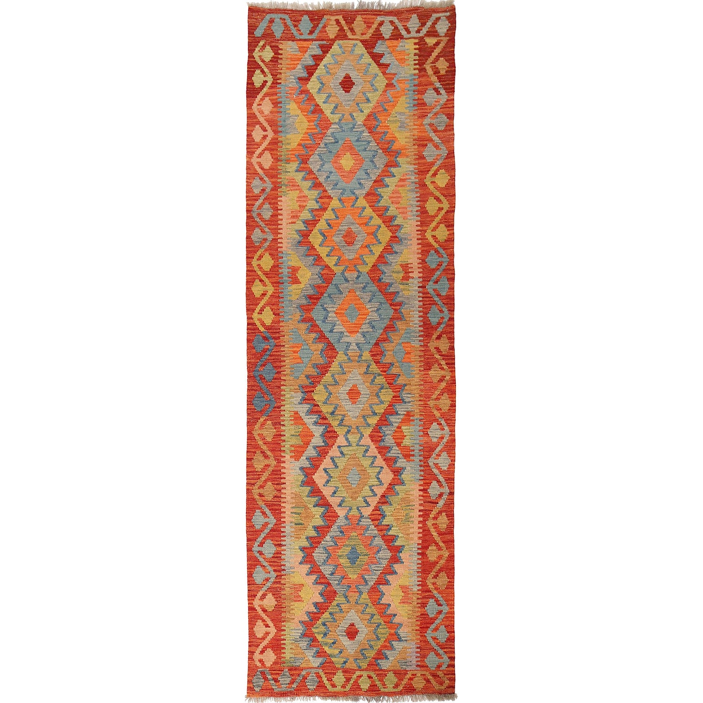 The Afghan Hand Woven Khyber Kilim Runner - 81 X 283. Crafted using traditional vegetable dyed wool, and featuring traditional geometric designs. Colours, reds, oranges, yellows and teal greens. Measures 81 wide X 283 long.