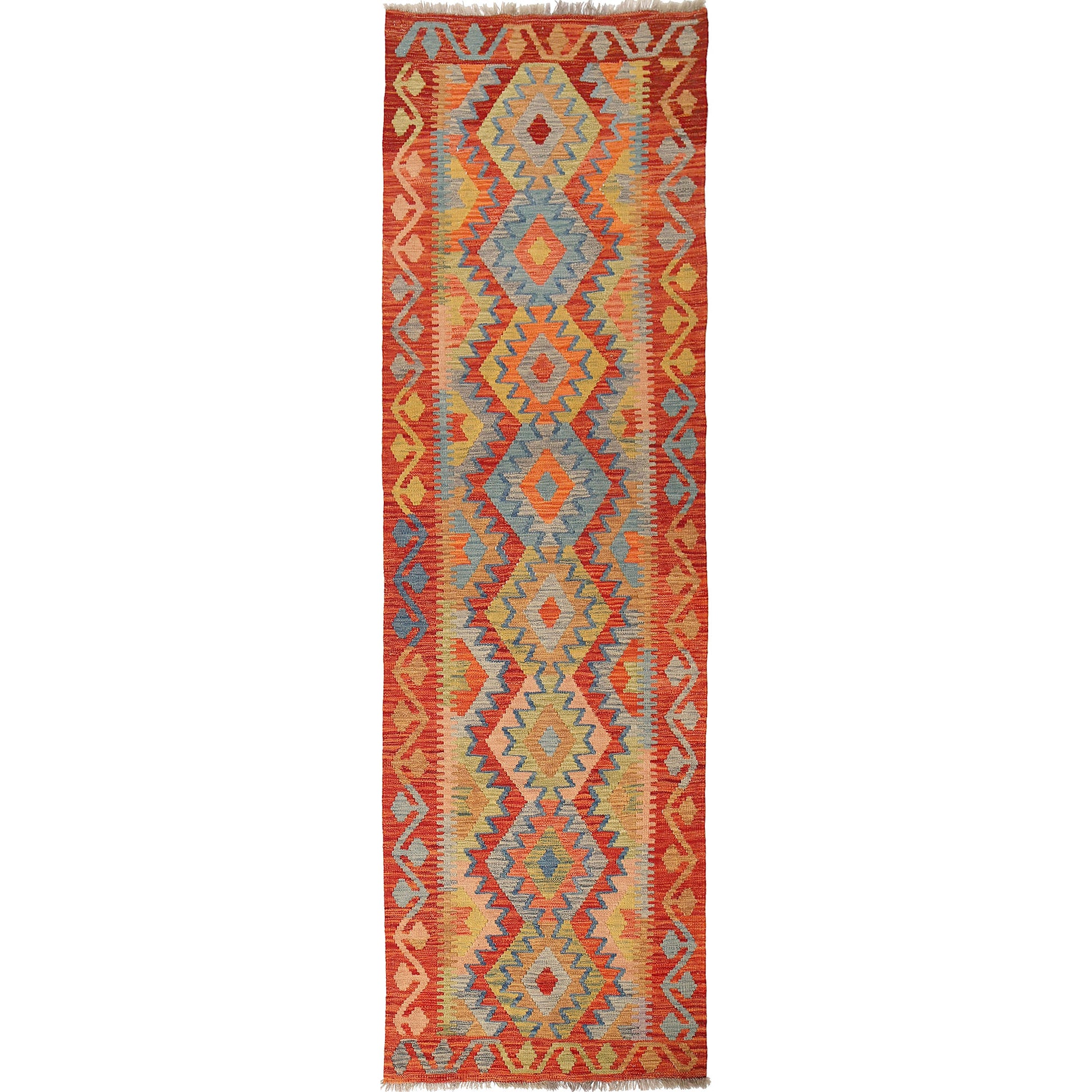 The Afghan Hand Woven Khyber Kilim Runner - 81 X 283. Crafted using traditional vegetable dyed wool, and featuring traditional geometric designs. Colours, reds, oranges, yellows and teal greens. Measures 81 wide X 283 long.