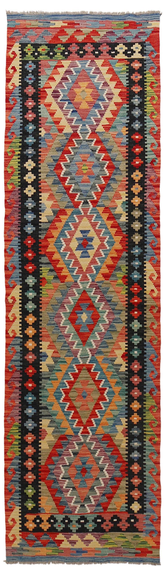 The Afghan Hand Woven Khyber Kilim Runner - 80 X 295.  Crafted using traditional vegetable dyed wool, and featuring traditional geometric designs. Colours, ,Oranges, blues, creams, reds, yellows, aqua and more. Measures 80 wide X 295 long. Cover.