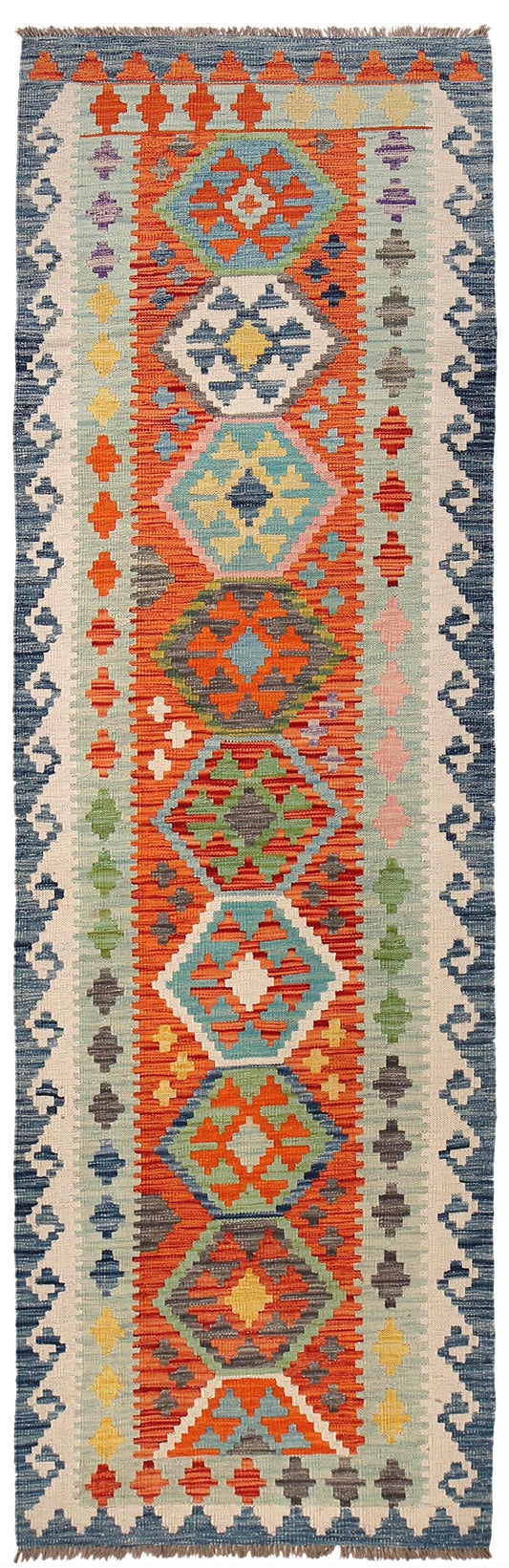 The Afghan Hand Woven Khyber Kilim Runner - 82 X 283.  Crafted using traditional vegetable dyed wool, and featuring traditional geometric designs. Colours, blues, yellows, creams, beiges, oranges and more. Measures 82 wide X 283 long. Cover.