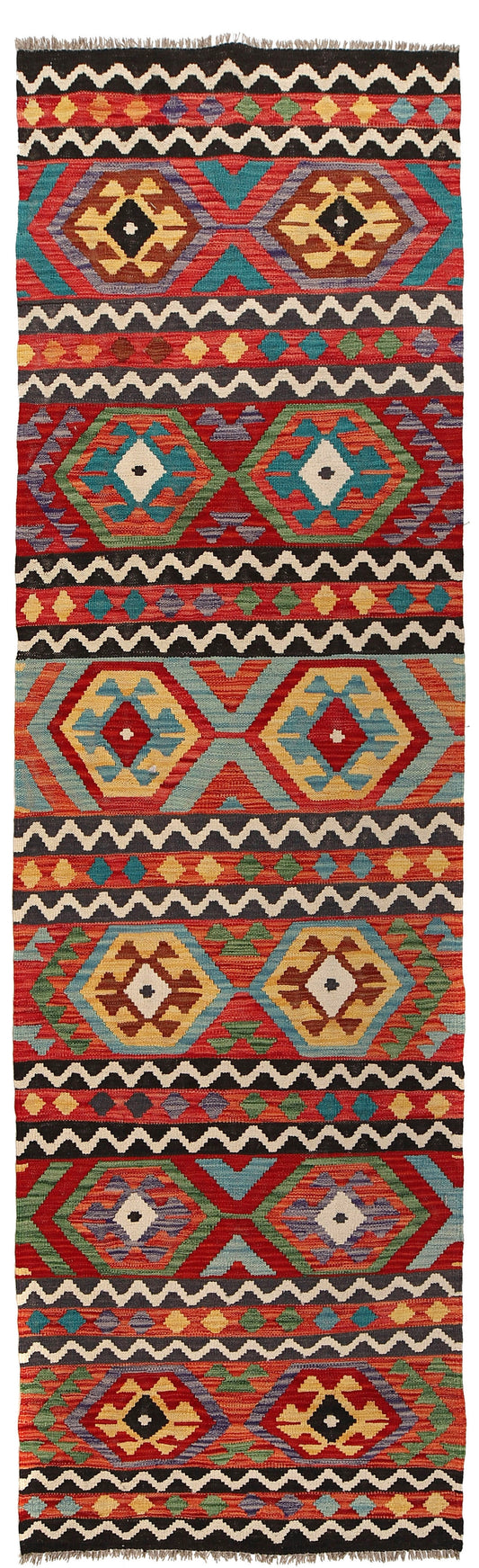 The Afghan Hand Woven Khyber Kilim Runner - 84 X 300.  Crafted using traditional vegetable dyed wool, and featuring traditional geometric designs. Colours, reds, yellows, creams, beiges, oranges, light greens and more. Measures 84 wide X 300 long. Cover.