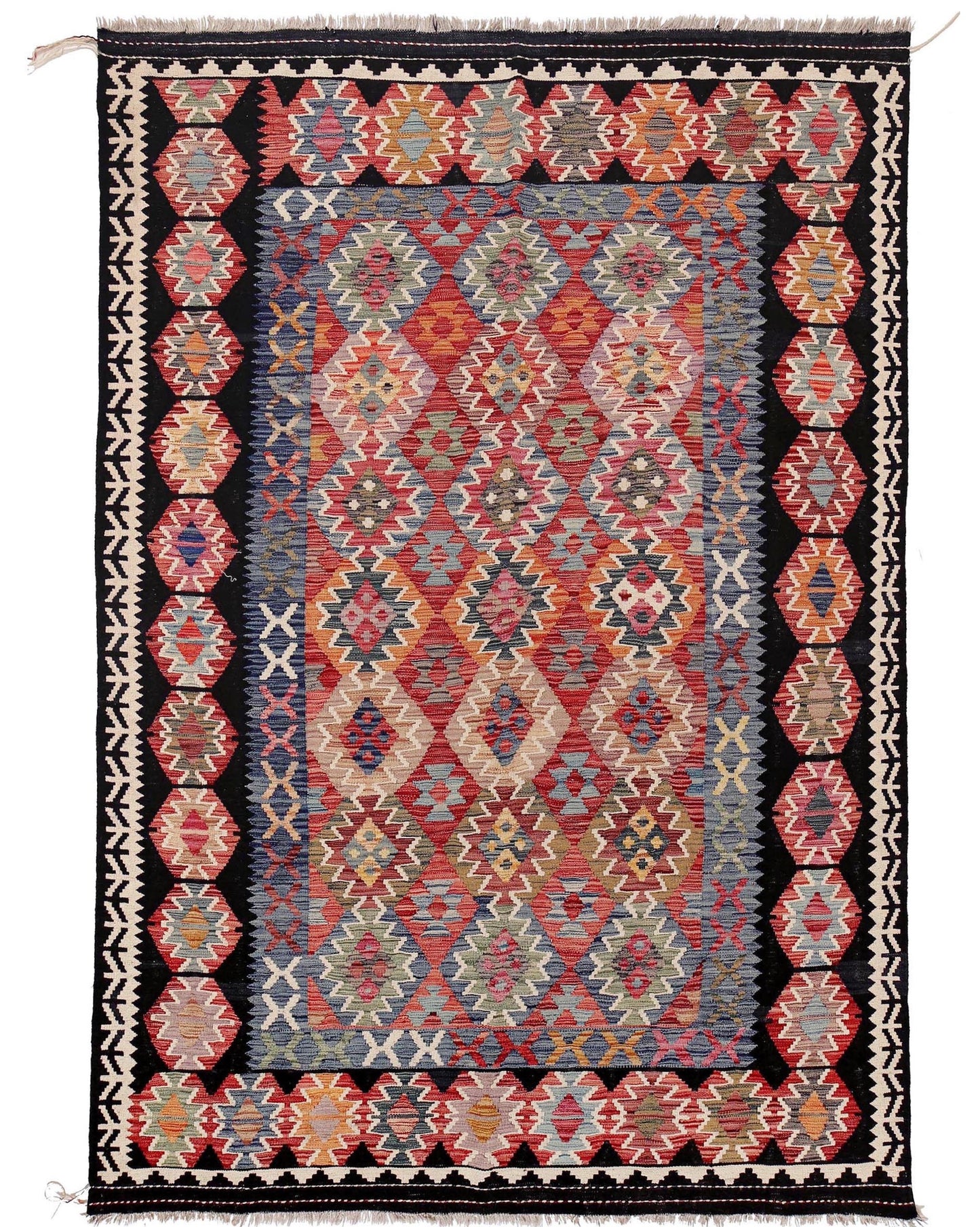 The Afghan Hand Woven Khyber Kilim - 202 X 290.  Crafted using traditional vegetable dyed wool, and featuring traditional geometric designs. Colours, blacks, blues, creams, reds, oranges and yellows. Size 202 X 290.