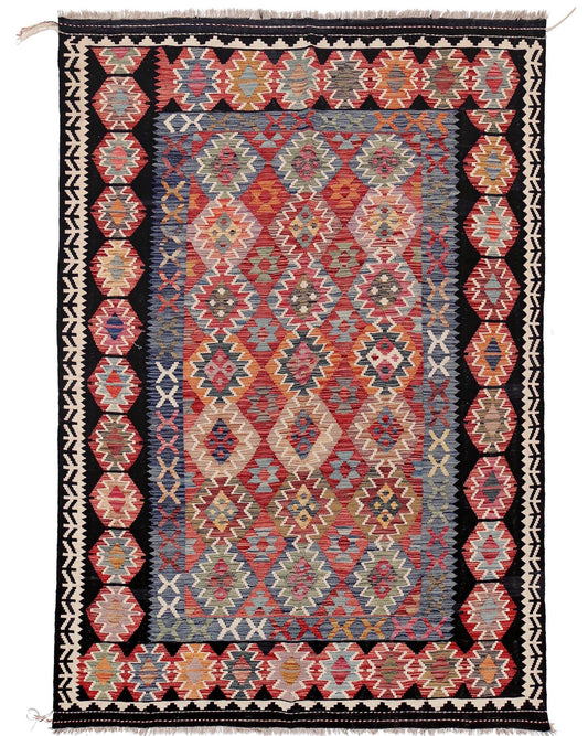 The Afghan Hand Woven Khyber Kilim - 202 X 290.  Crafted using traditional vegetable dyed wool, and featuring traditional geometric designs. Colours, blacks, blues, creams, reds, oranges and yellows. Size 202 X 290.