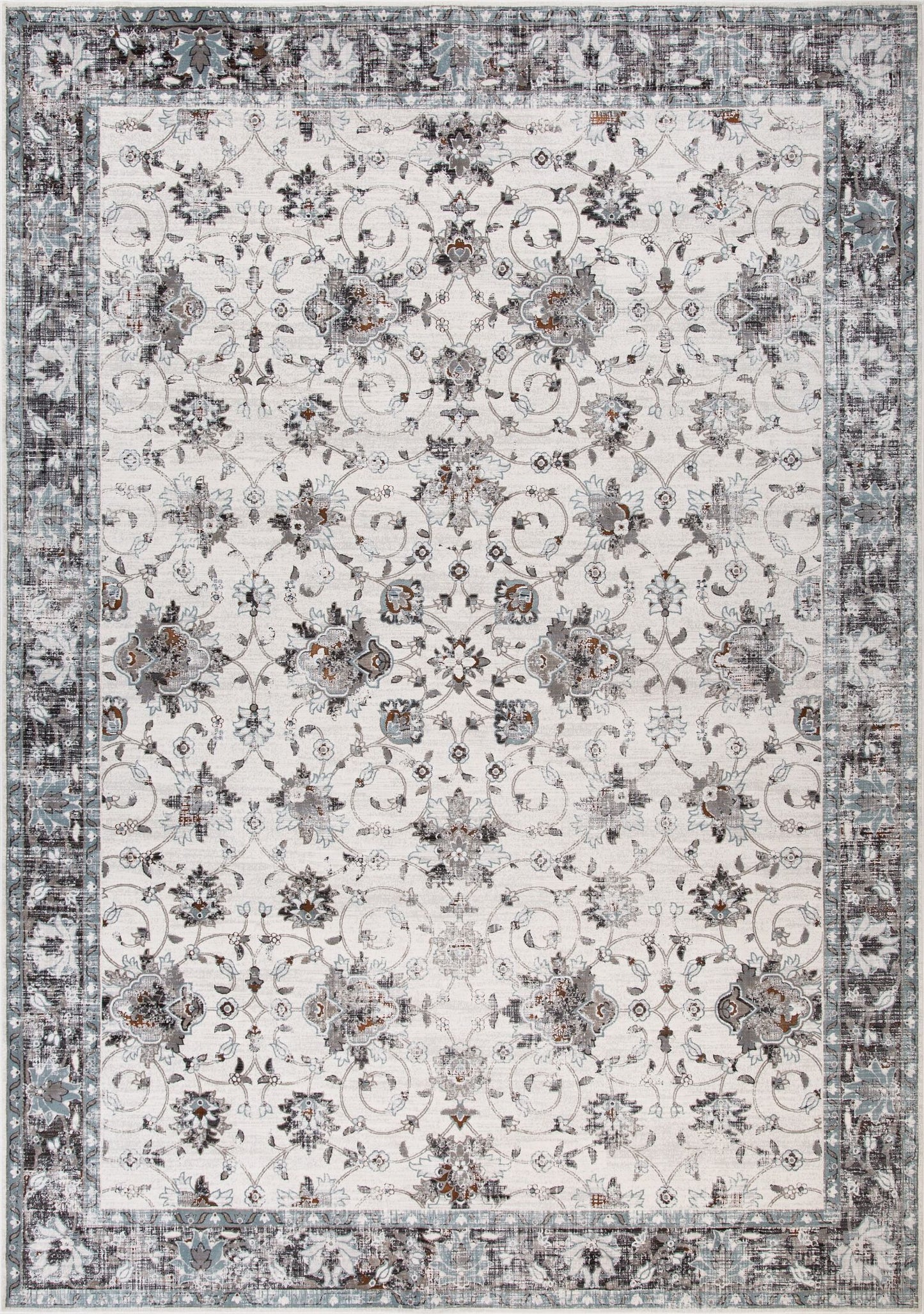 Victoria Keshan 530 is a premium machine made rug. Its 2 million polyester points per square meter, give it a luxurious soft feel. Featuring a traditional design. Colours Light Grey, with grey, black and beige accents. Sizes 160 X 235, 200 X 285, 240 X 330 and 300 X 380. Full.