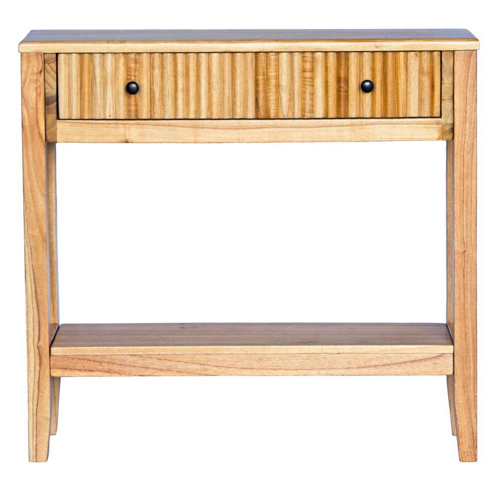 The Vienna - 1 Drawer Natural Console, natural, brings a contemporary feel with its sleek design and textured drawer face. Built with sustainable white cedar its 1-drawer sits on wooden runners. Colour natural. Measures 800 length X 250 depth X 750 height. Front Plain.