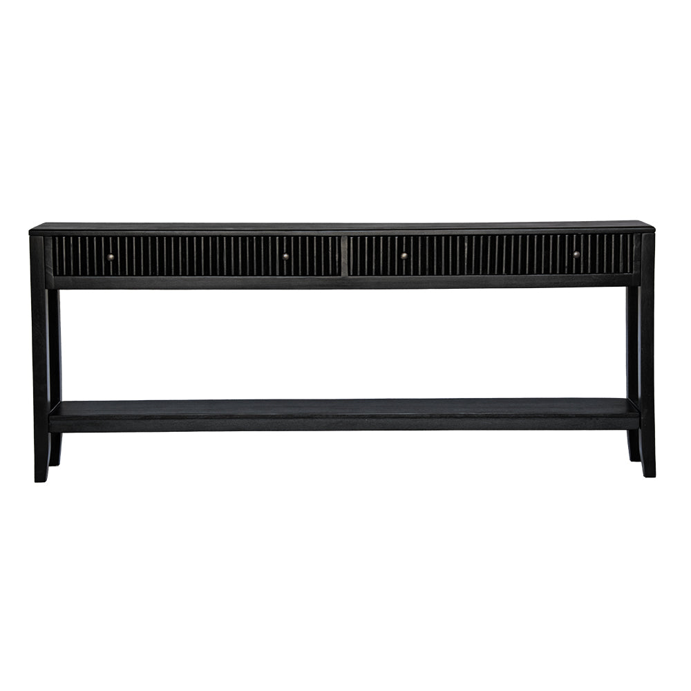 The Vienna - 2 Drawer Black 1500 Console brings a contemporary feel with its sleek design and textured drawer face. Built with sustainable white cedar its 2 drawers sit on wooden runners. Colour black. Measures 1500 length X 250 depth X 750 height. Front Plain.