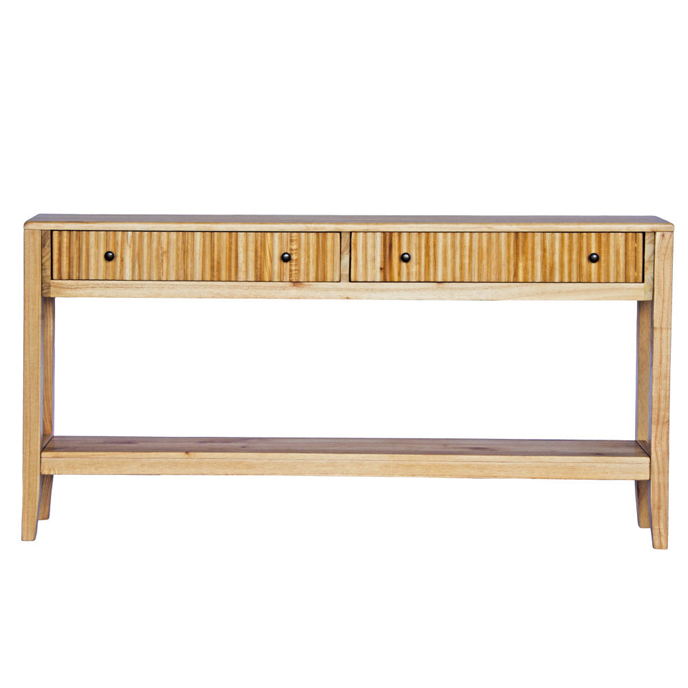 The Vienna - 2 Drawer Natural 1500 Console, natural, brings a contemporary feel with its sleek design and textured drawer face. Built with sustainable white cedar its 2 drawers sit on wooden runners. Colour natural. Measures 1500 length X 250 depth X 750 height. Front Plain.