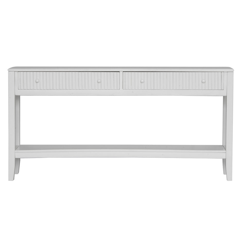 The Vienna - 2 Drawer White Console, natural, brings a contemporary feel with its sleek design and textured drawer face. Built with sustainable white cedar its 2 drawers sit on wooden runners. Colour white. Measures 1500 length X 250 depth X 750 height. Front Plain.