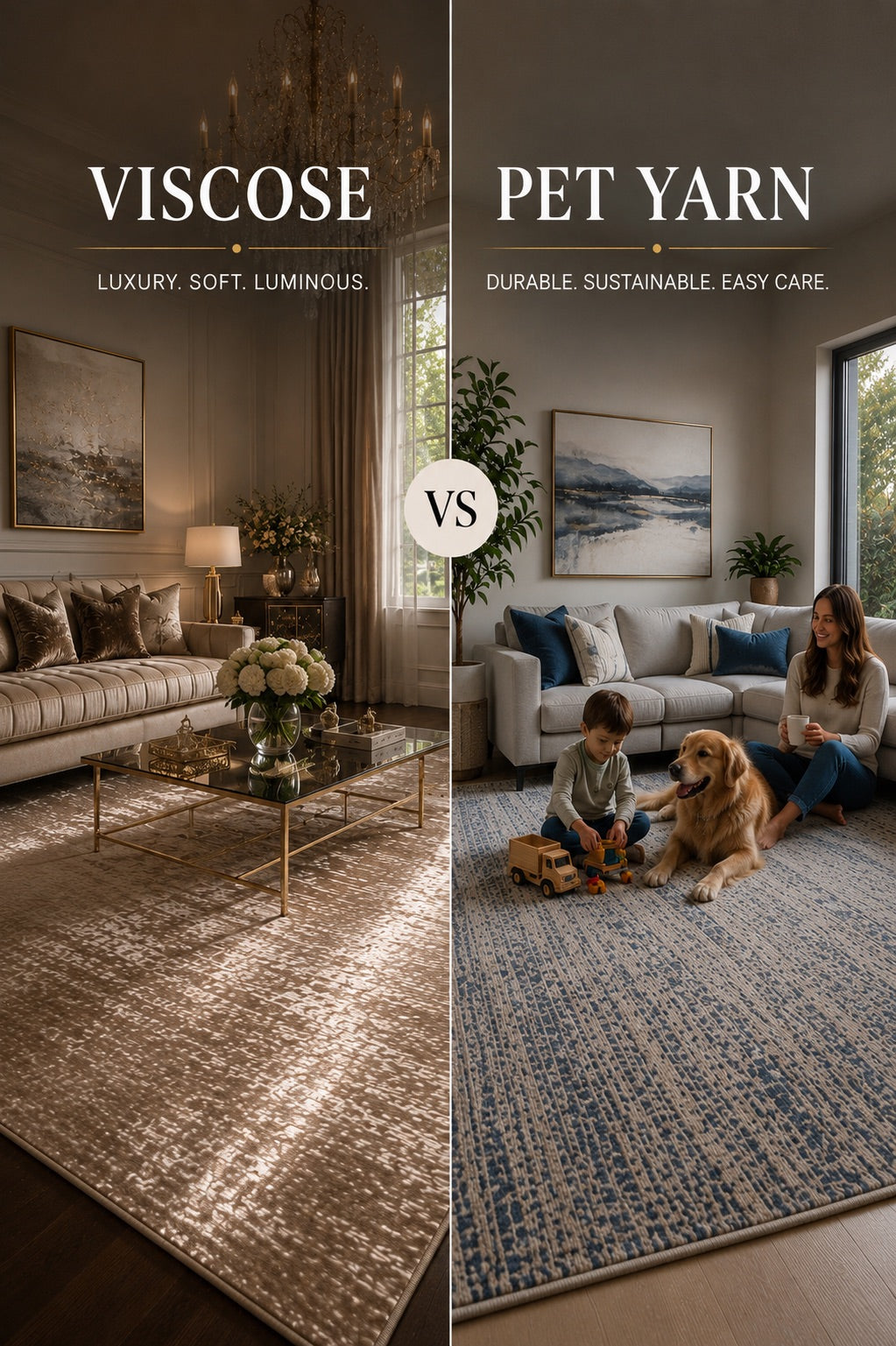 A split image of a Viscose styled in a formal Perth home living room and a PET Yarn Rug styled in a busy Perth home living room setting.