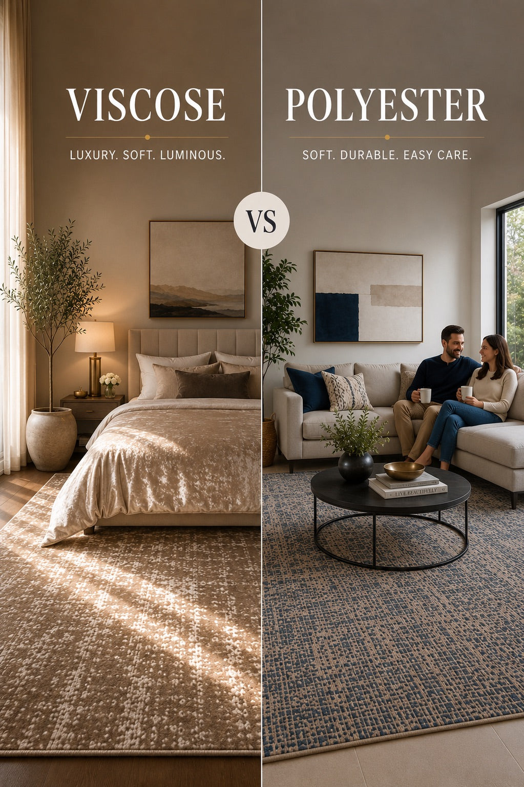 A split image of a Viscose rug styled in a modern Perth home bedroom and a Polyester rug styled in a busy Perth home living room setting.