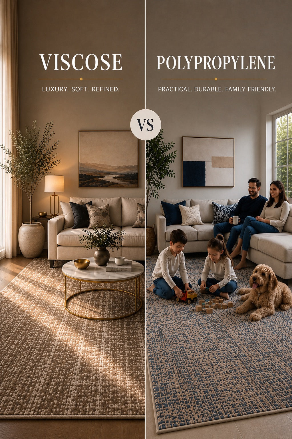 A comparison image of a Viscose rug and a Polypropylene Rug both styled in different Perth home living room settings.