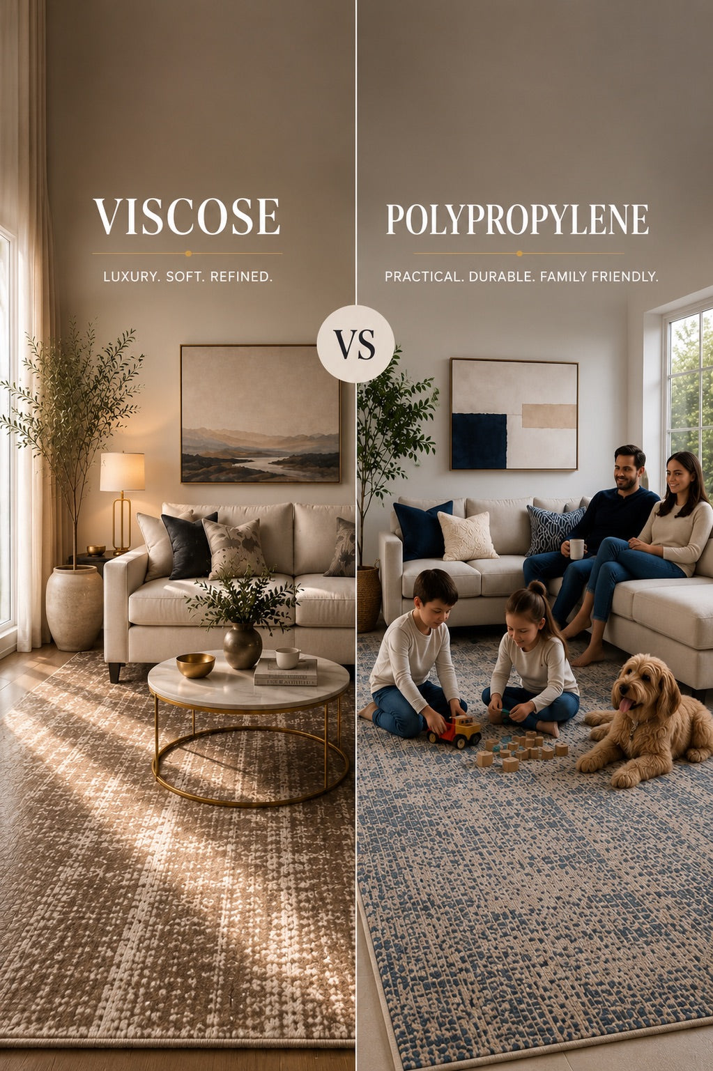 A comparison image of a styled viscose rug and a styled polypropylene rug in modern Perth homes.