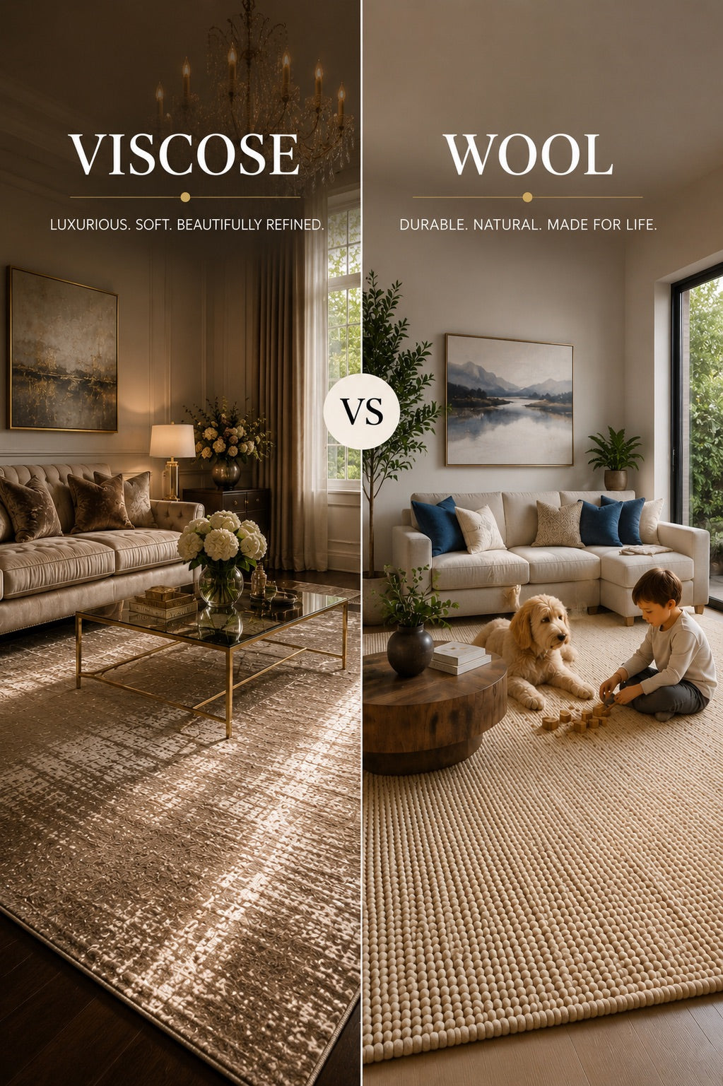 A split image of a viscose rug styled in a formal Perth home living room setting and a Wool rug styled in a busy Perth home living room setting.