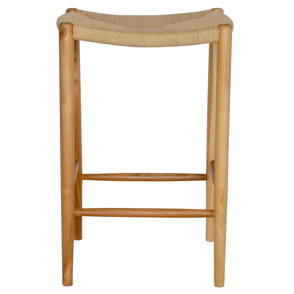 Wenatchee barstool with solid teak wood frame and hand-woven natural rope seat, featuring a clean, minimalist design suitable for coastal and contemporary interiors. Measures 500 Width X 340 Depth X 660 Height. Front Plain.