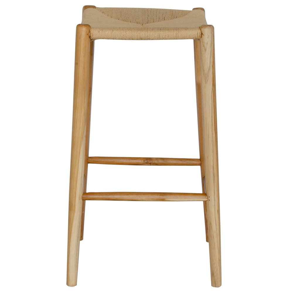 Wenatchee barstool with solid teak wood frame and hand-woven natural rope seat, featuring a clean, minimalist design suitable for coastal and contemporary interiors. Measures 500 Width X 340 Depth X 660 Height. Side Plain.