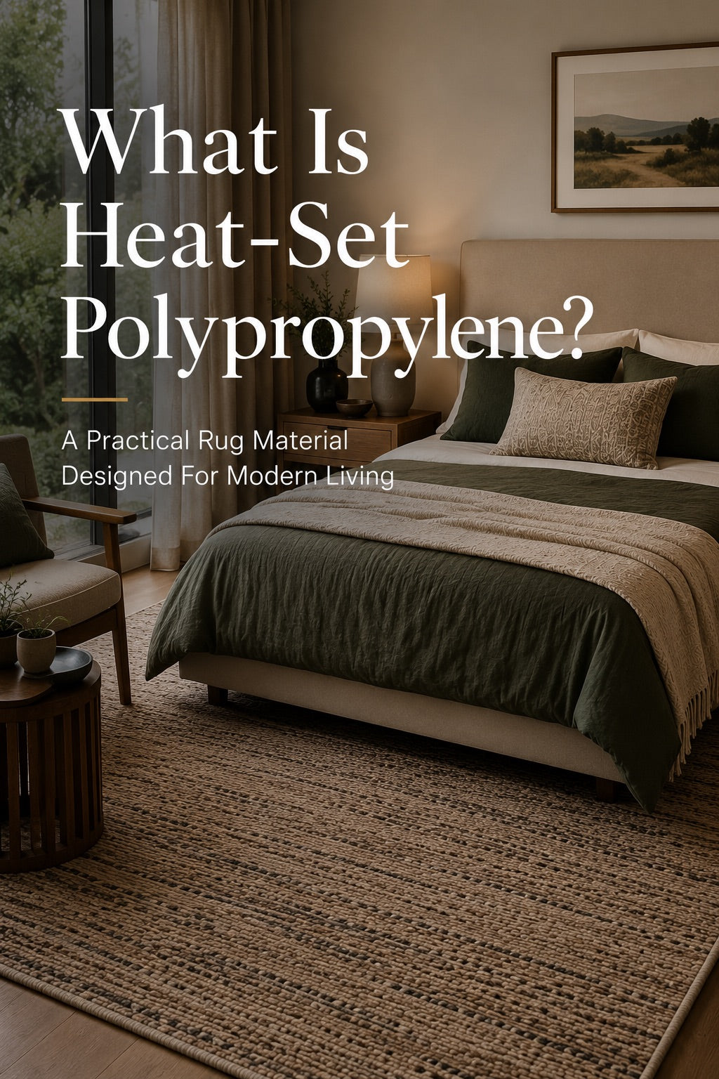A Heat-Set Polypropylene modern rug styled in a Perth home bedroom setting.