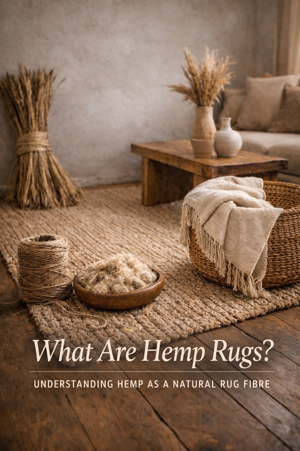 A styled Hemp rug in a rustic Australian home living room setting.
