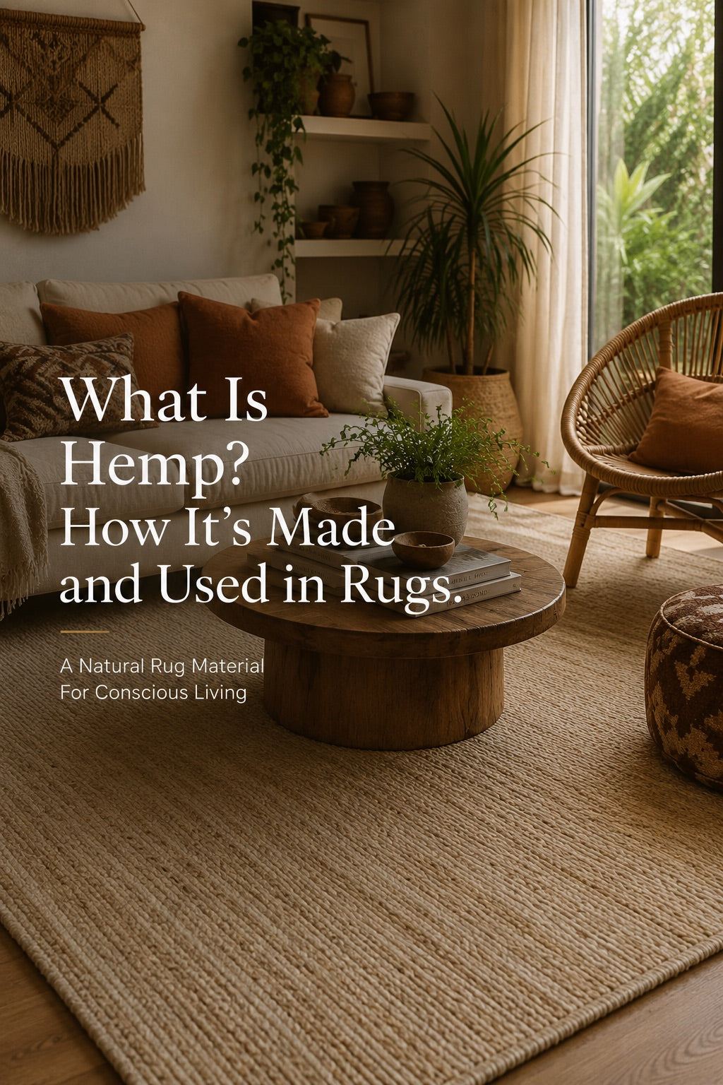 A Hemp hand woven rug styled in a Perth home living room setting.